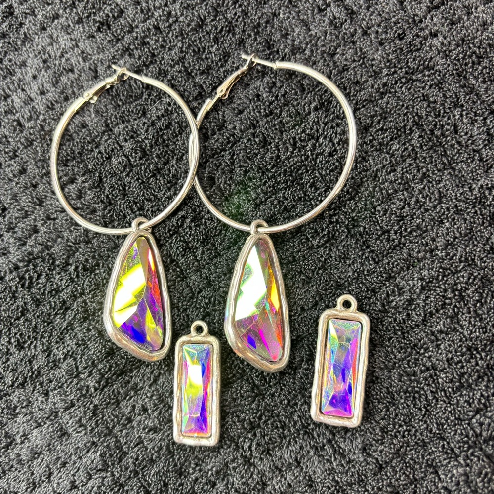 Iridiscent Crystal Drop Hoop Earrings - With Interchangeable Charms
